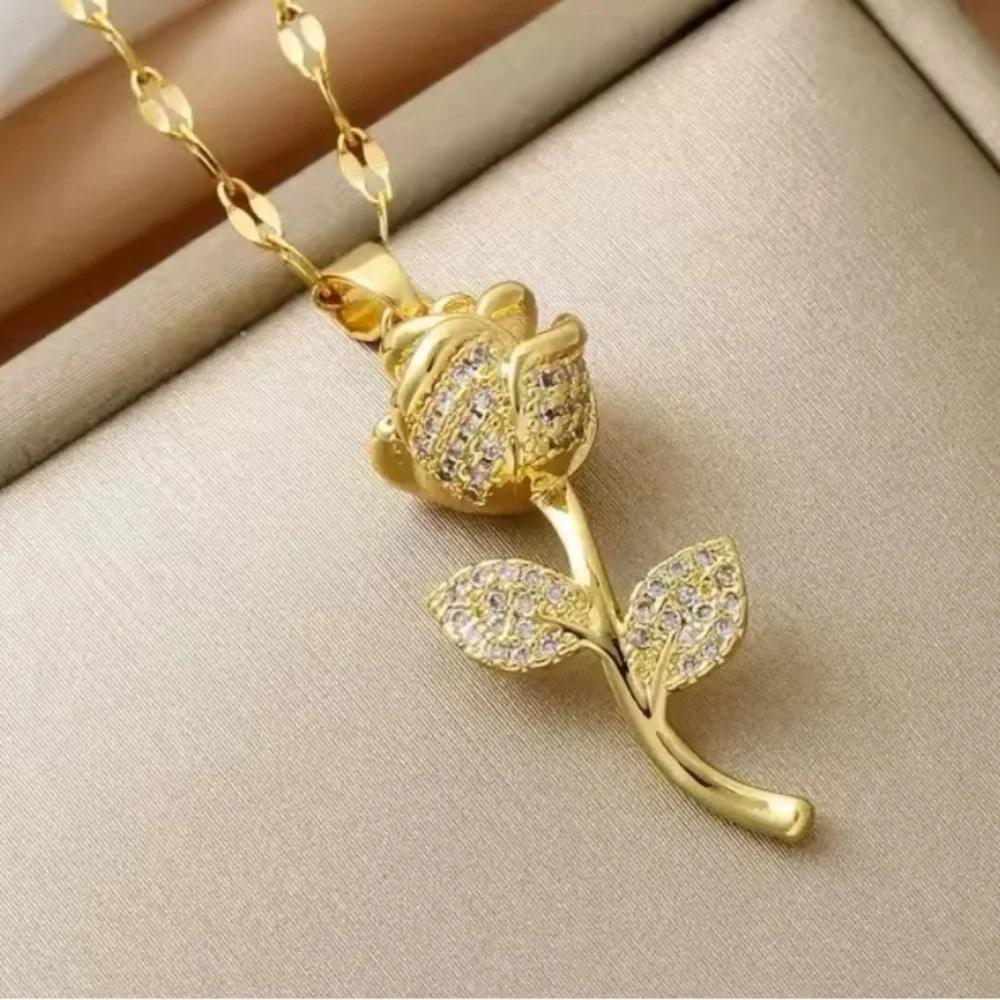 18K Gold Rose Flower Long Stem With Pave Diamond Inlay Pendant Necklace